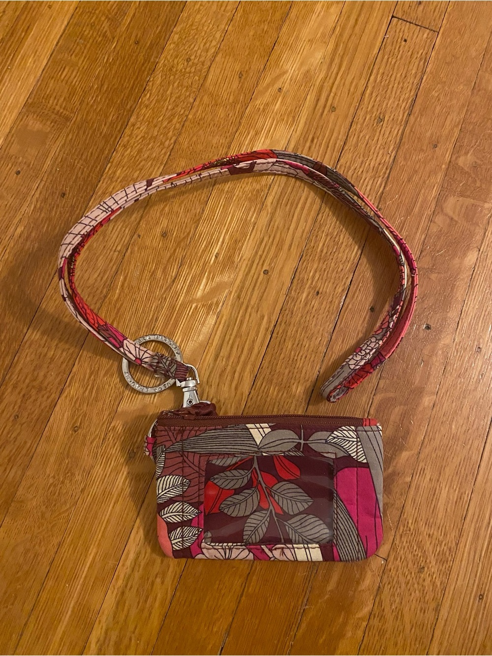Vera Bradley Floral Card/ID Case in Pink and Burgundy removable Strap/Landyard
